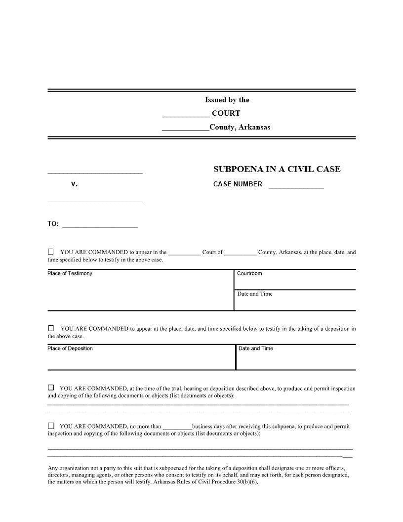 Subpoena In A Civil Case | Pdf Fpdf Doc Docx | Arkansas