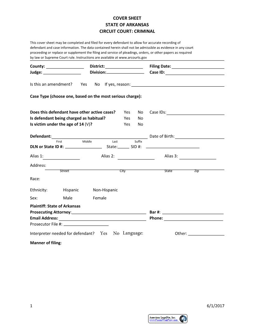 Cover Sheet (Criminal) | Pdf Fpdf Docx | Arkansas