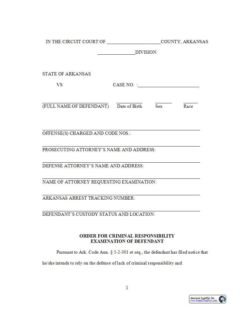 Order For Criminal Responsibility Examination Of Defendant | Pdf Fpdf Docx | Arkansas