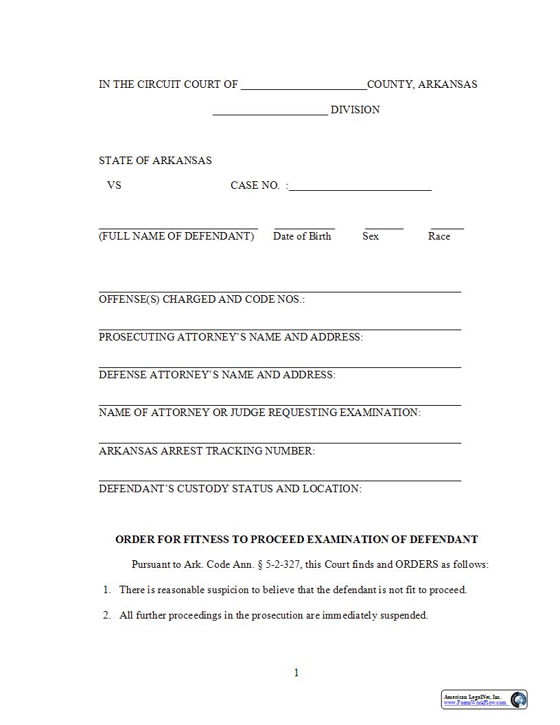 Order For Fitness To Proceed Examination Of Defendant | Pdf Fpdf Docx | Arkansas