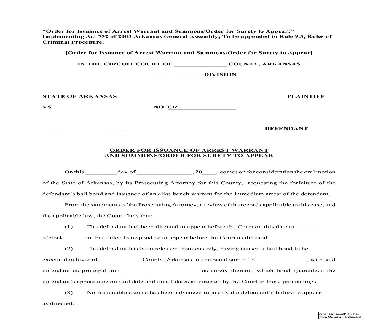 Order For Issuance Of Arrest Warrant And Summons Order For Surety To Appear | Pdf Fpdf Doc Docx | Arkansas