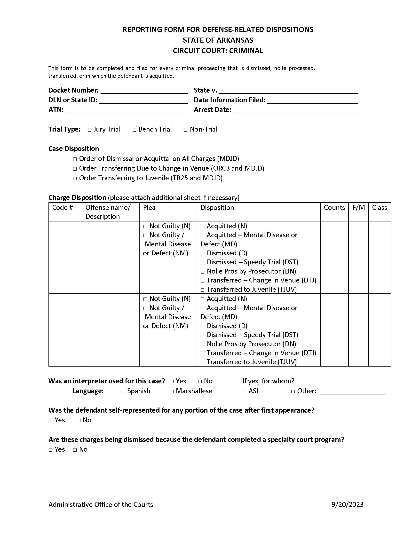 Reporting Form For Defense Related Disposition | Pdf Fpdf Doc Docx | Arkansas