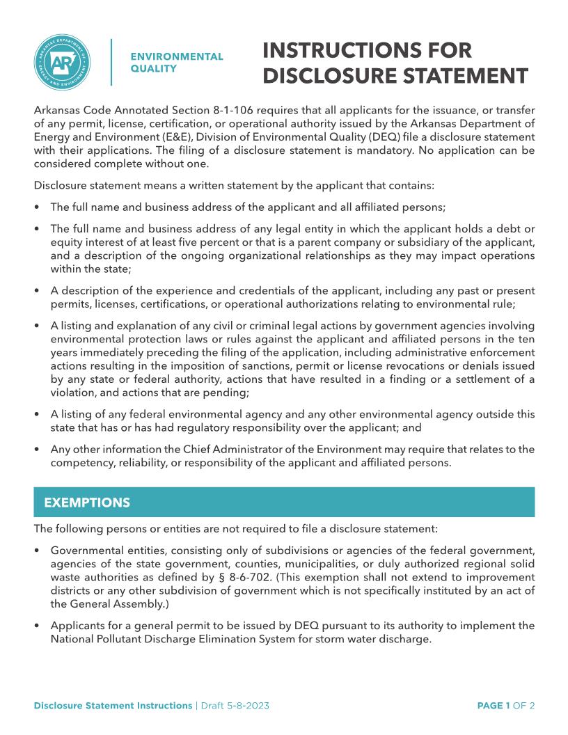 ADEQ Disclosure Statement | Pdf Fpdf Docx | Arkansas