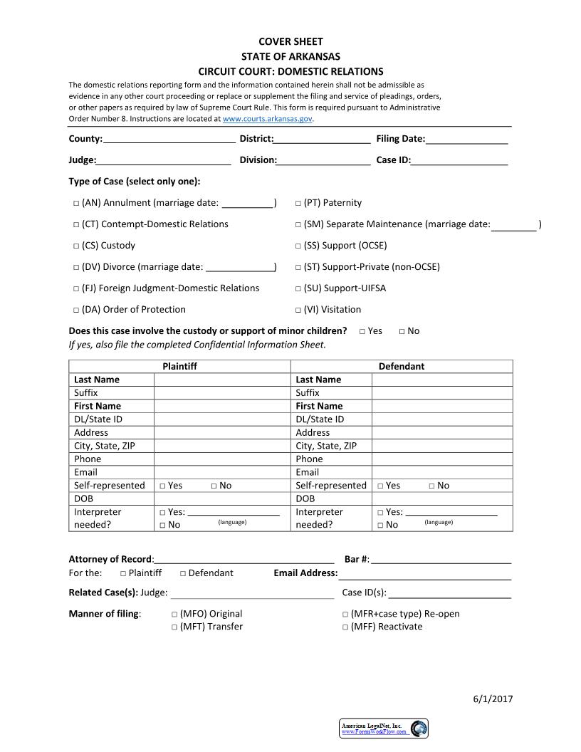 Cover Sheet (Circuit Court Domestic Relations) | Pdf Fpdf Docx | Arkansas