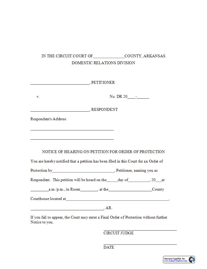 Notice Of Hearing On Petition For Order Of Protection | Pdf Fpdf Docx | Arkansas