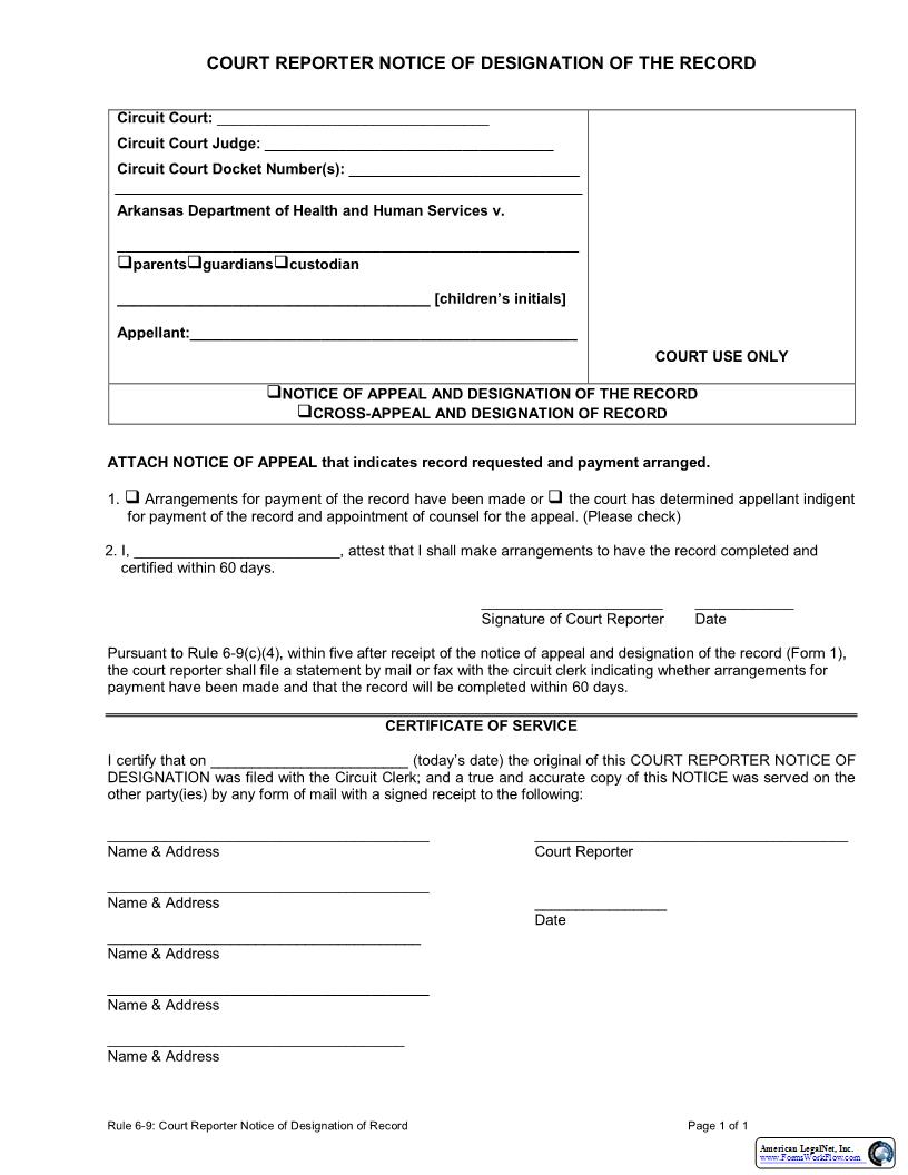 Court Reporter Notice Of Designation Of The Record (Rule 6-9) | Pdf Fpdf Docx | Arkansas
