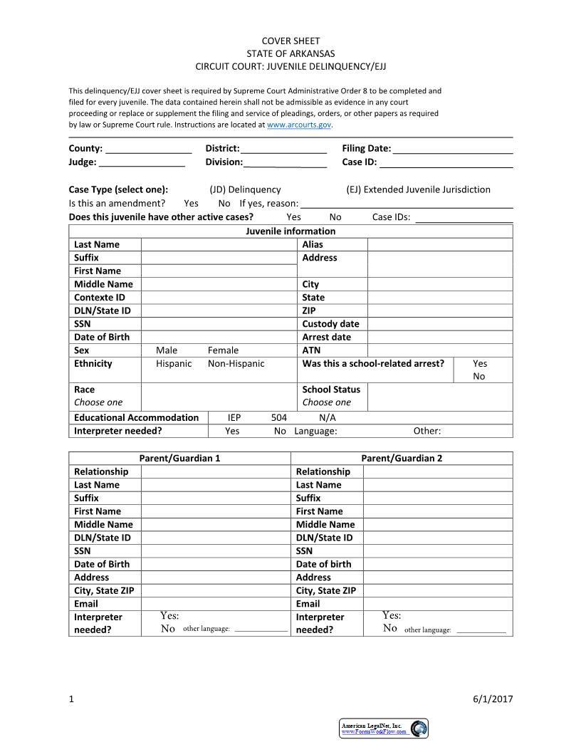 Cover Sheet (Juvenile Delinquency EJJ) | Pdf Fpdf Docx | Arkansas