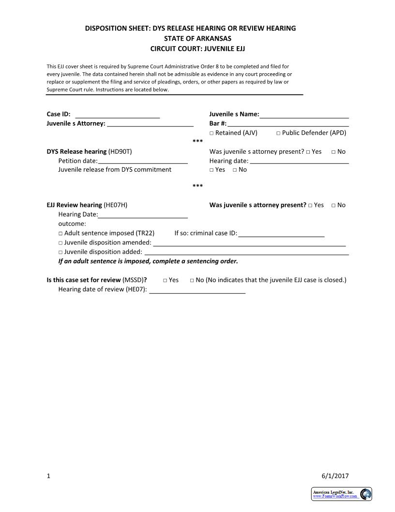 Disposition Sheet (DYS Release Hearing Or Review Hearing) | Pdf Fpdf Docx | Arkansas