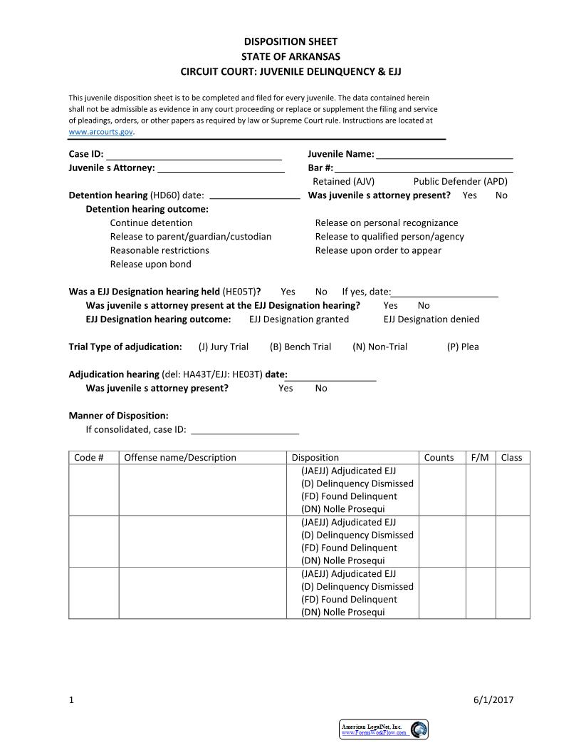 Disposition Sheet (Juvenile Delinquency And EJJ) | Pdf Fpdf Docx | Arkansas