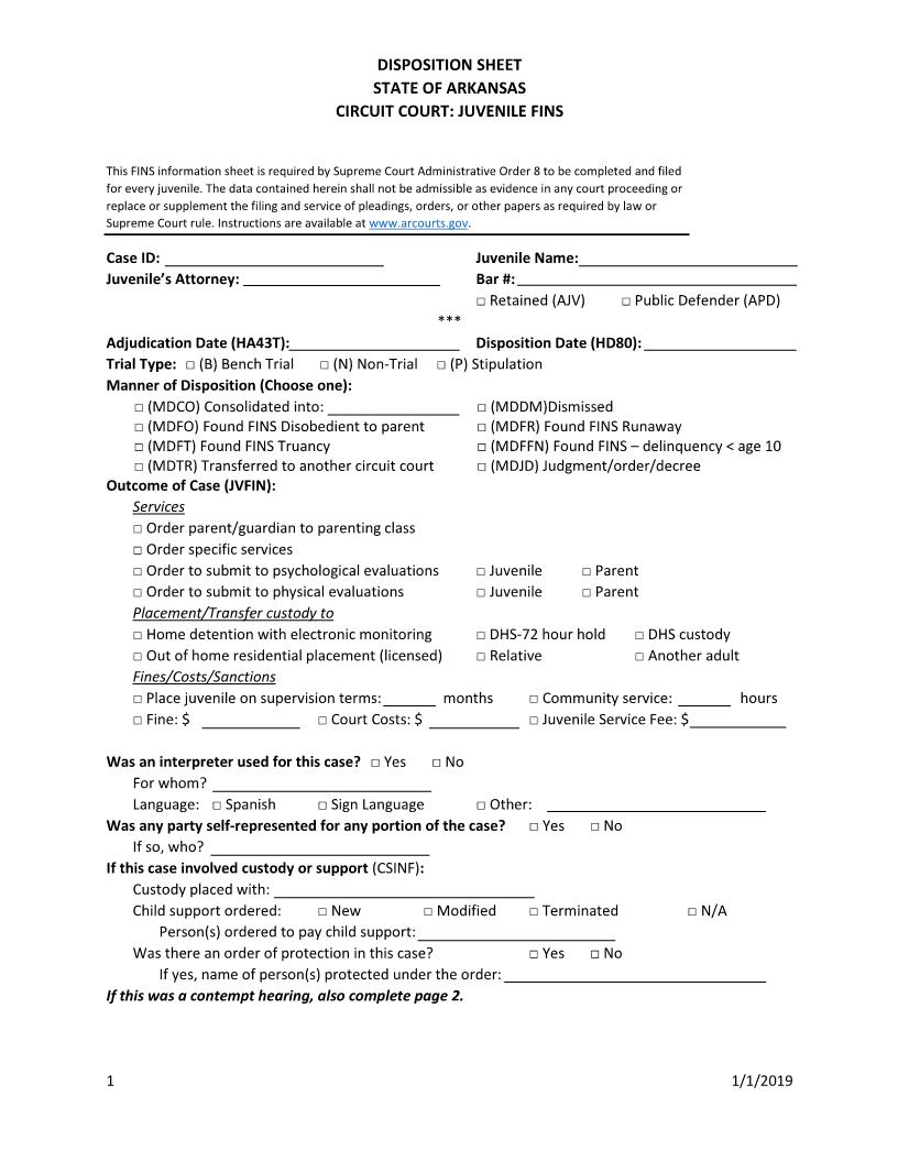 Disposition Sheet (Juvenile Fins) | Pdf Fpdf Docx | Arkansas