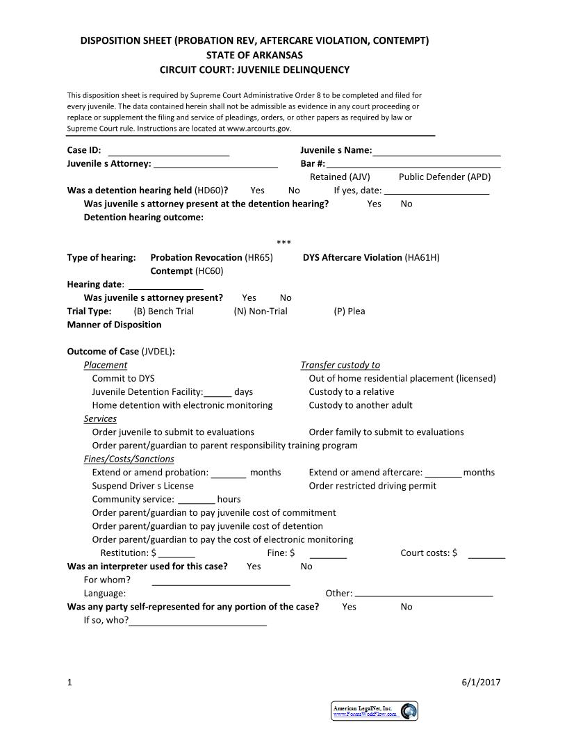 Disposition Sheet (Probation Revocation Or Aftercare Violation) | Pdf Fpdf Docx | Arkansas