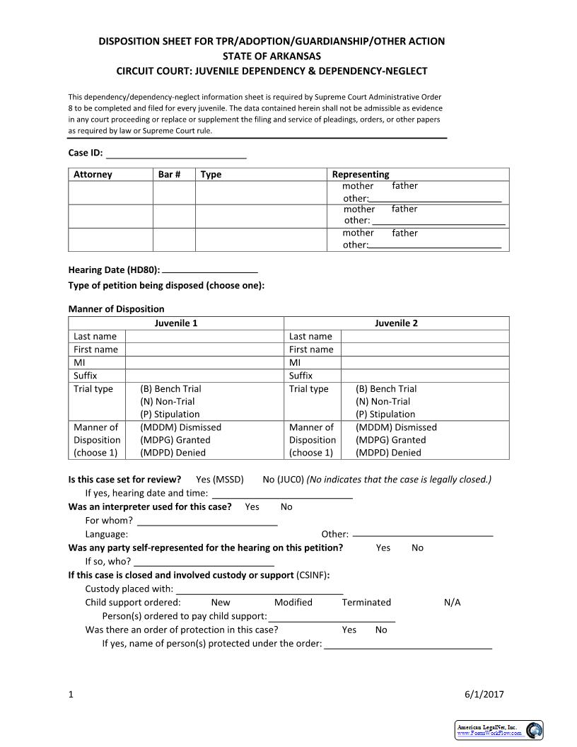 Disposition Sheet For TPR Adoption Guardianship Other Action | Pdf Fpdf Docx | Arkansas