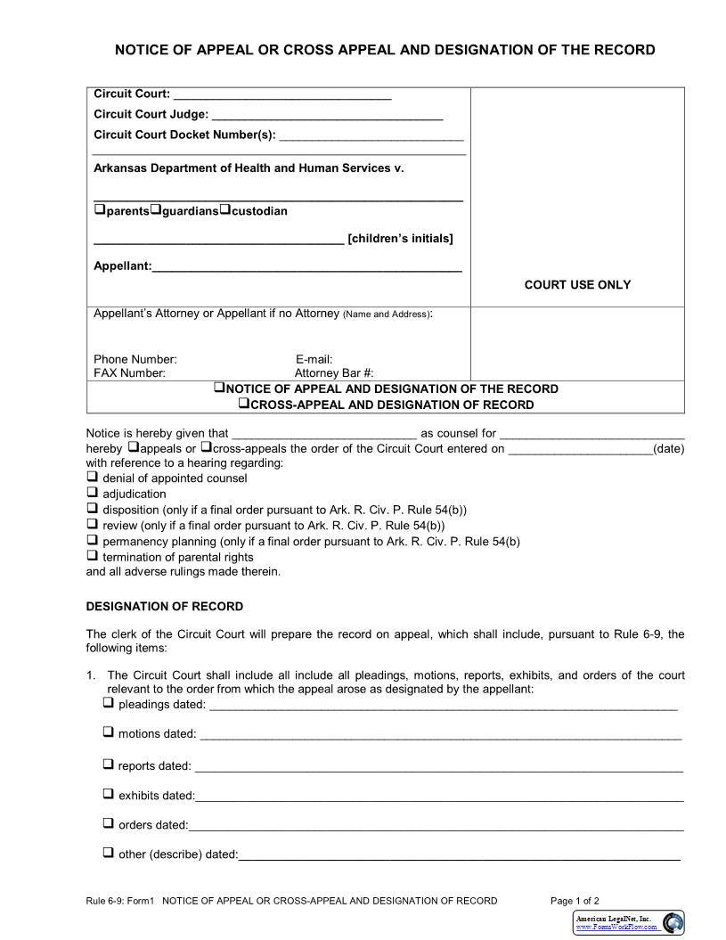 Notice Of Appeal Or Cross Appeal And Designation Of The Record (Rule 6-9) {1} | Pdf Fpdf Docx | Arkansas