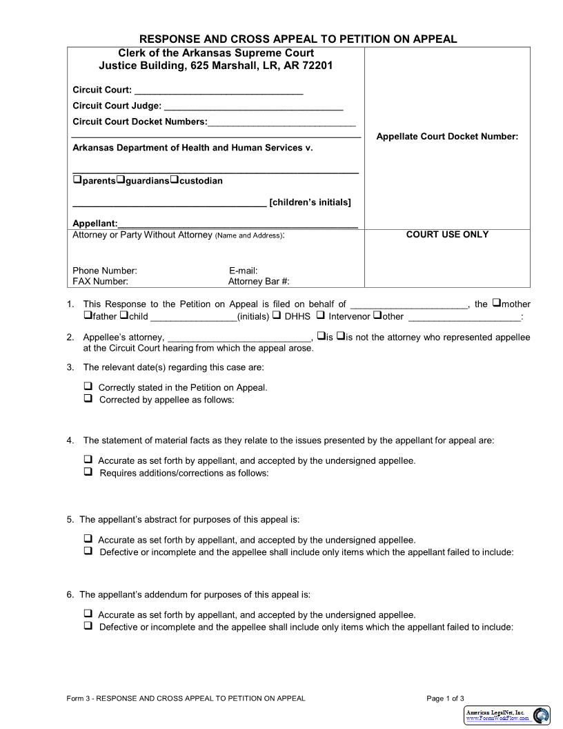 Response And Cross Appeal To Petition On Appeal (Rule 6-9) {3} | Pdf Fpdf Docx | Arkansas