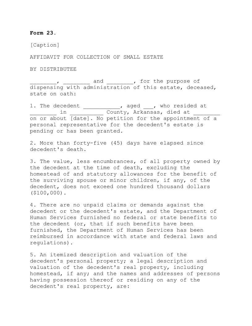 Affidavit For Collection Of Small Estate By Distributee {23} | Pdf Fpdf Doc Docx | Arkansas