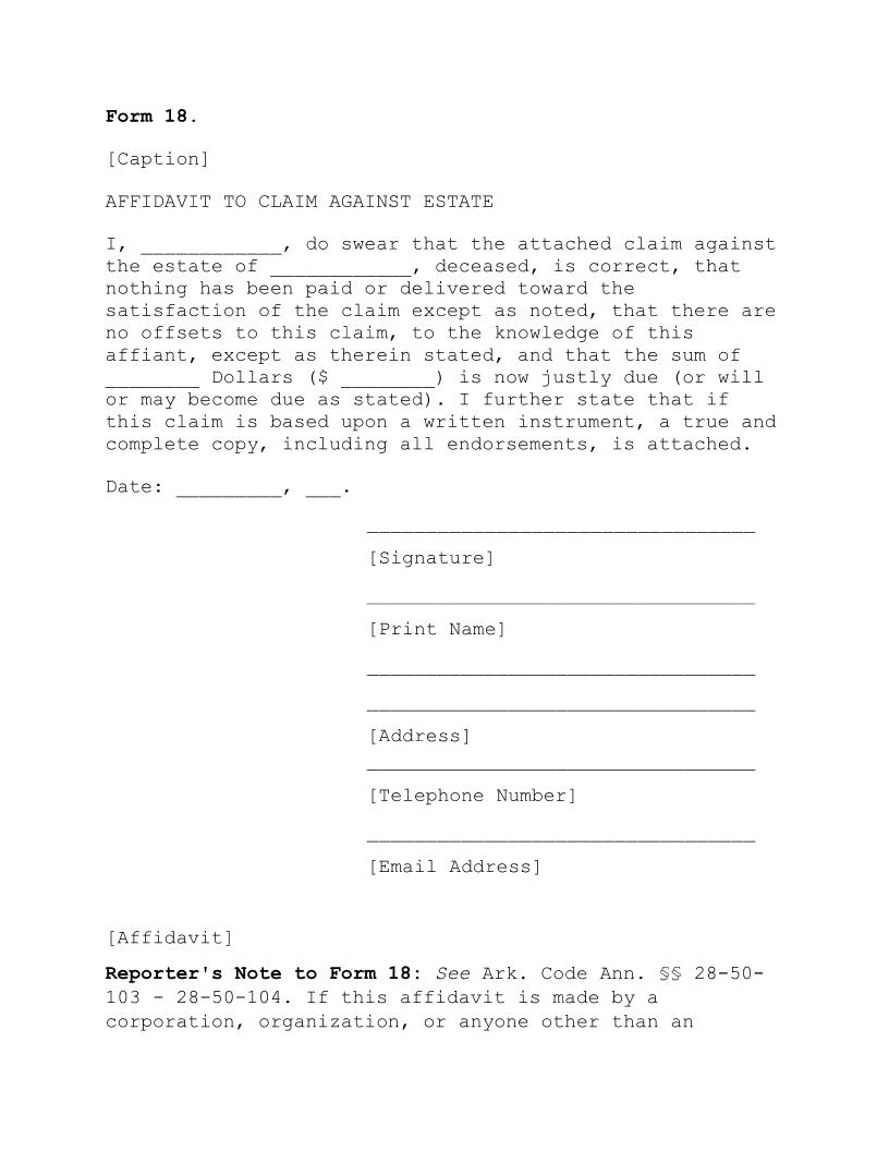 Affidavit To Claim Against Estate {18} | Pdf Fpdf Doc Docx | Arkansas