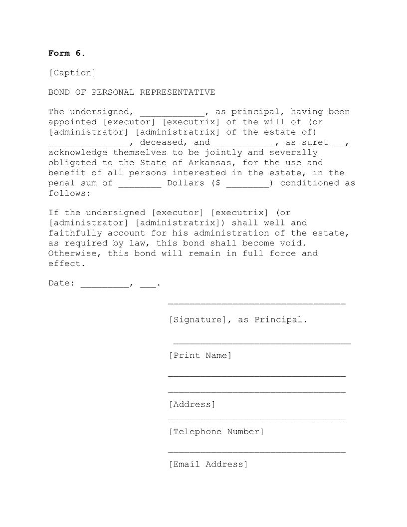 Bond Of Personal Representative {6} | Pdf Fpdf Doc Docx | Arkansas