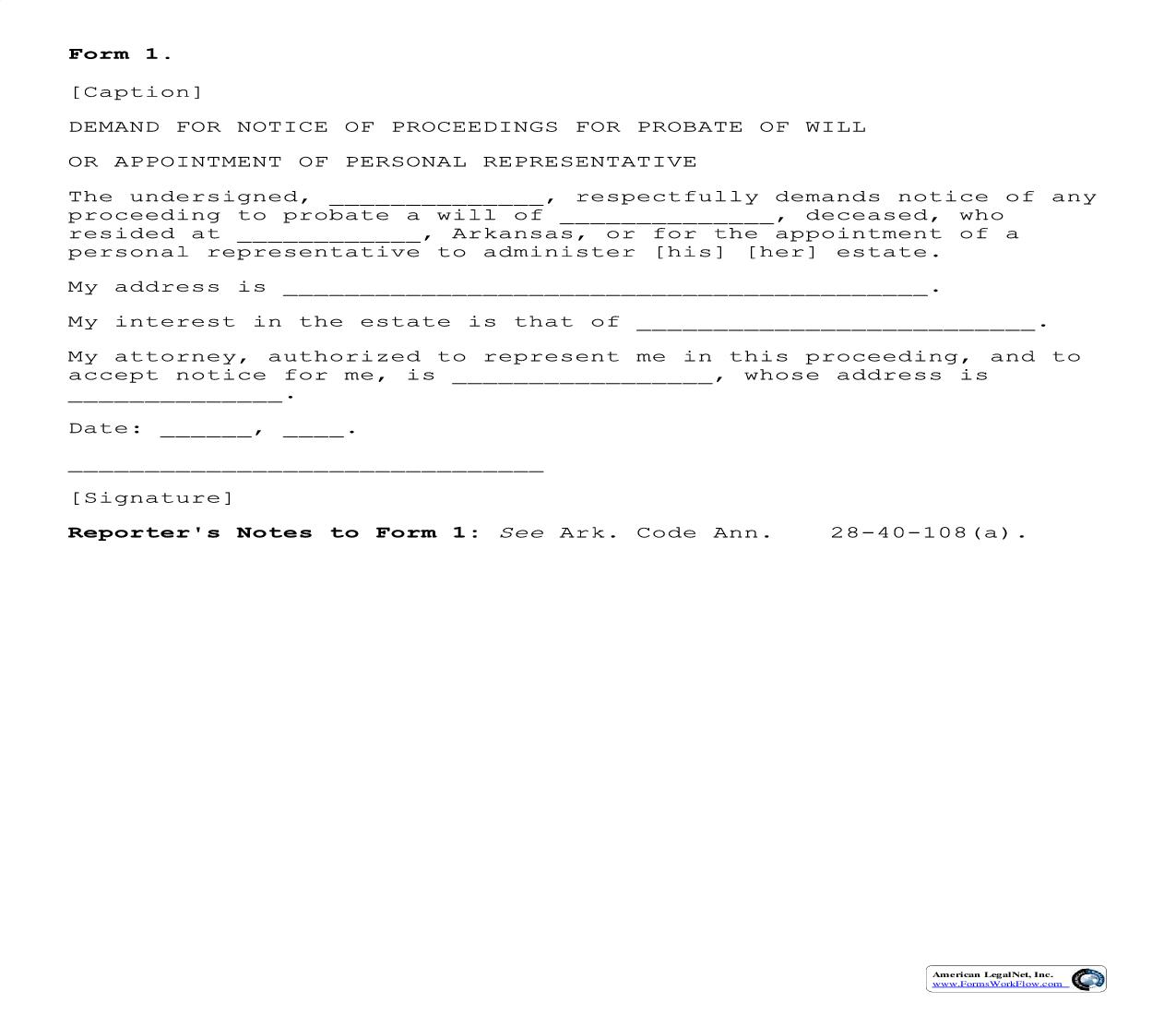 Demand For Notice Of Proceedings For Probate Rep {1} | Pdf Fpdf Doc Docx | Arkansas