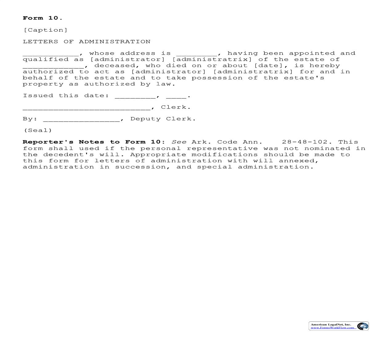 Letters Of Administration {10} | Pdf Fpdf Doc Docx | Arkansas