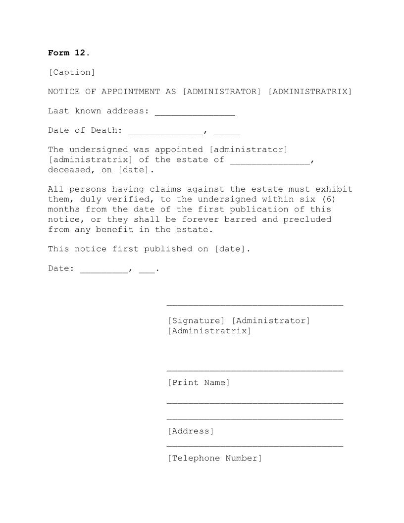 Notice Of Appointment As Administrator Administratrix {12} | Pdf Fpdf Doc Docx | Arkansas