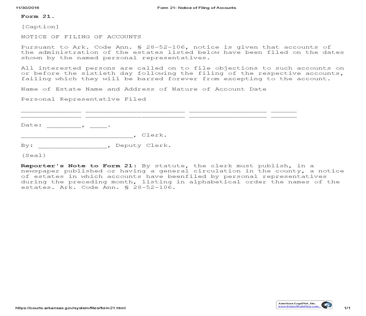 Notice Of Filing Of Accounts {21} | Pdf Fpdf Doc Docx | Arkansas