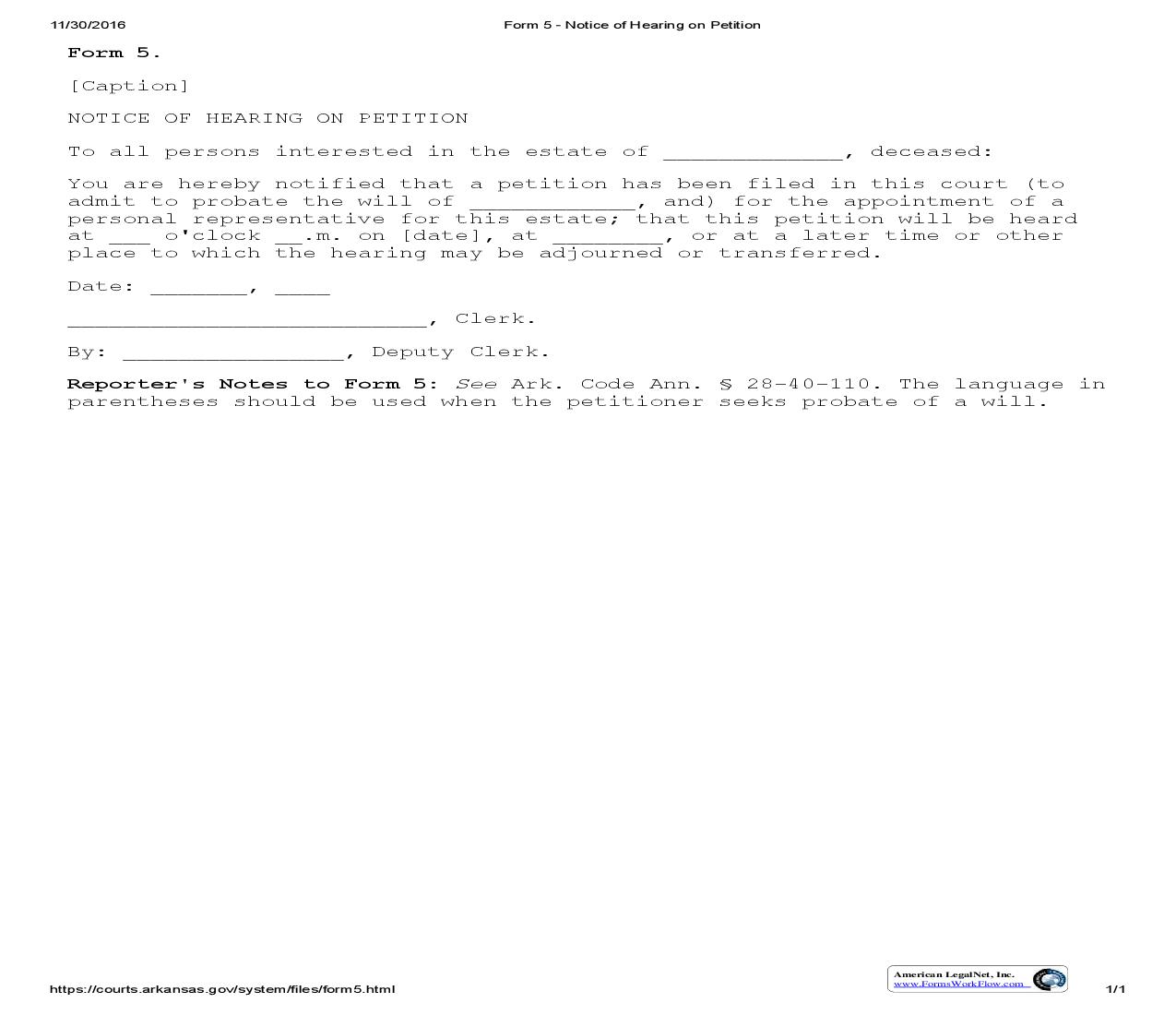 Notice Of Hearing On Petition {5} | Pdf Fpdf Doc Docx | Arkansas
