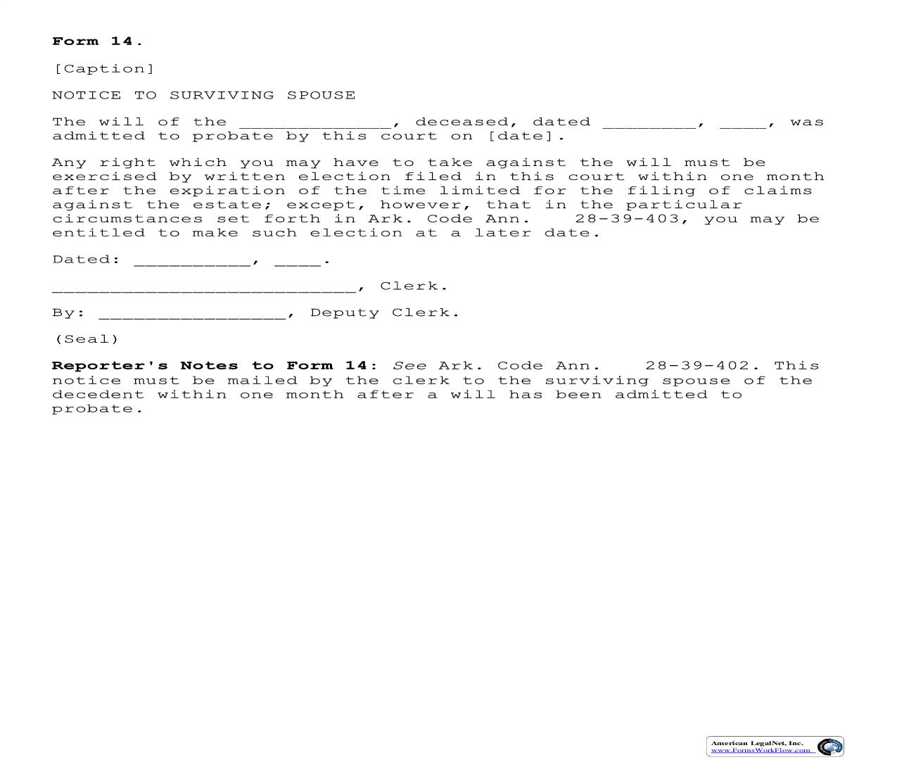 Notice To Surviving Spouse {14} | Pdf Fpdf Doc Docx | Arkansas