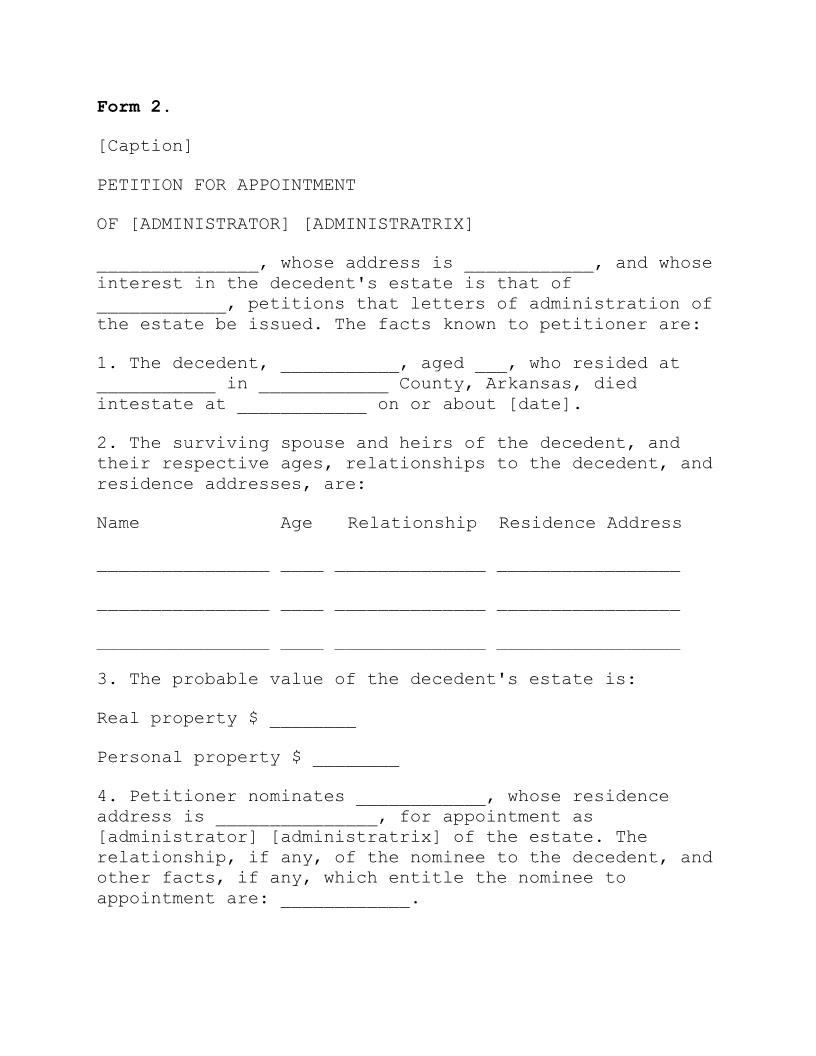 Petition For Appointment Of Administrator Or Administratrix {2} | Pdf Fpdf Doc Docx | Arkansas