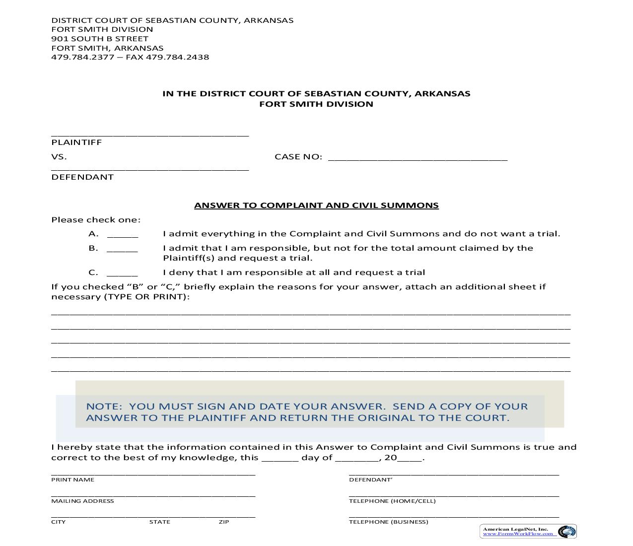 Answer To Complaint And Civil Summons | Pdf Fpdf Doc Docx | Arkansas