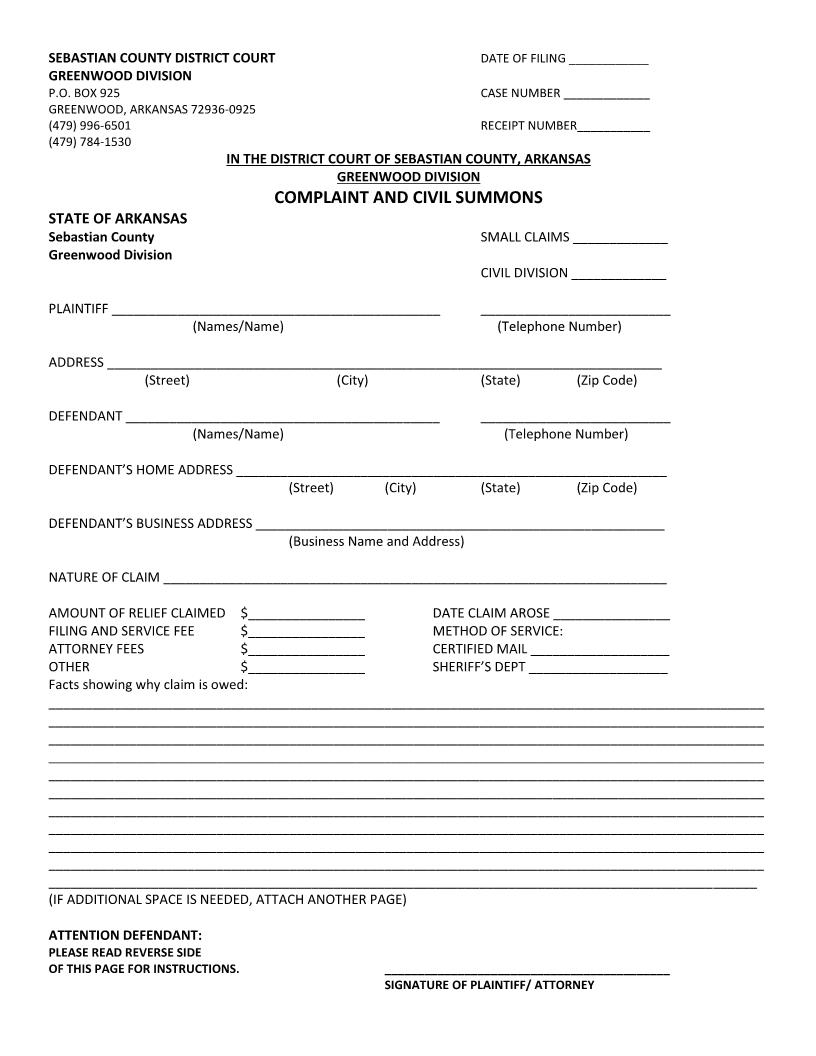 Complaint And Civil Summons | Pdf Fpdf Doc Docx | Arkansas