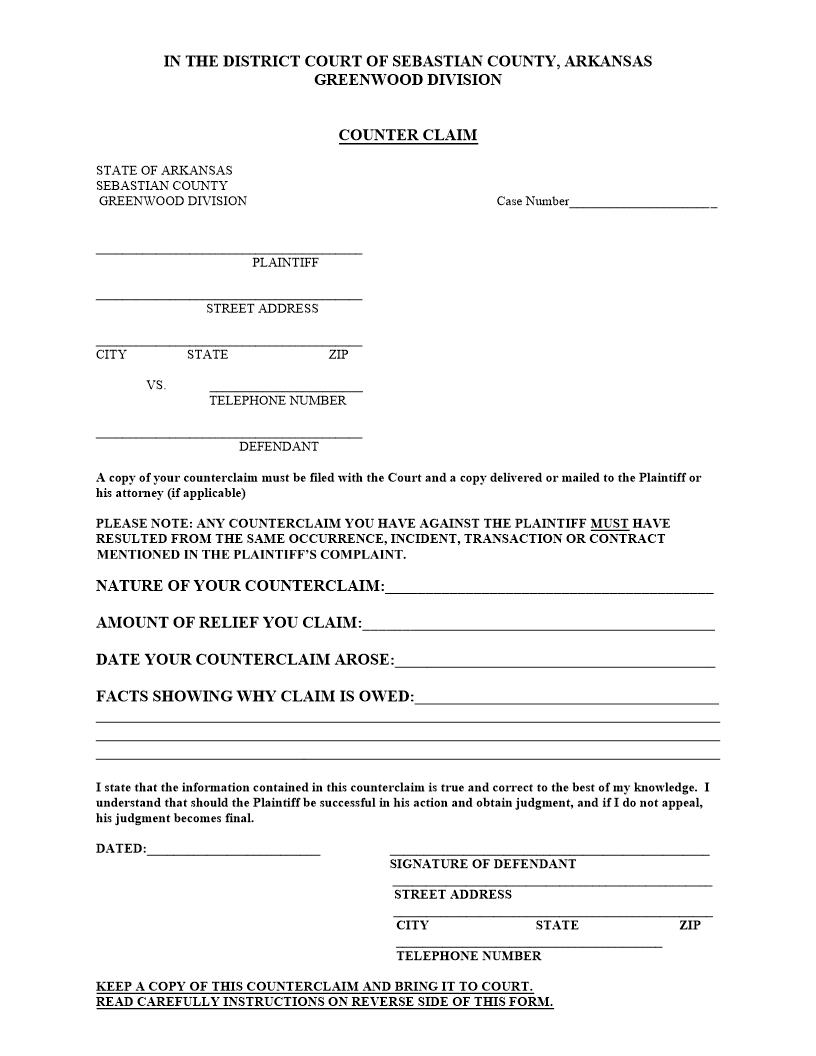 Counter Claim | Pdf Fpdf Doc Docx | Arkansas