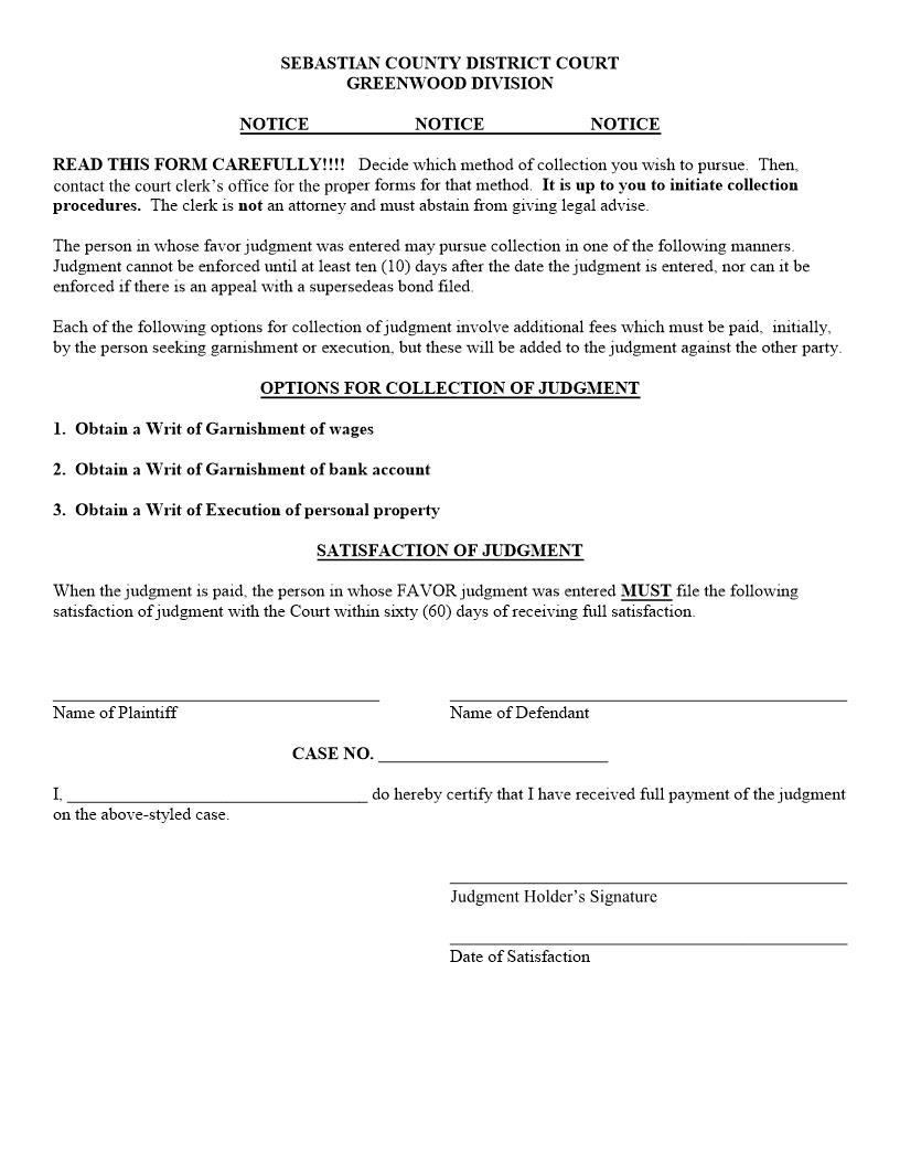 Satisfaction Of Judgment | Pdf Fpdf Doc Docx | Arkansas