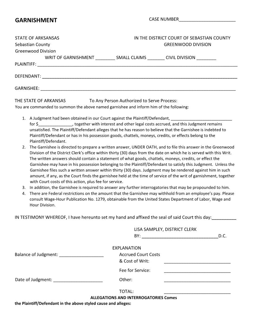Garnishment Form | Pdf Fpdf Docx | Arkansas