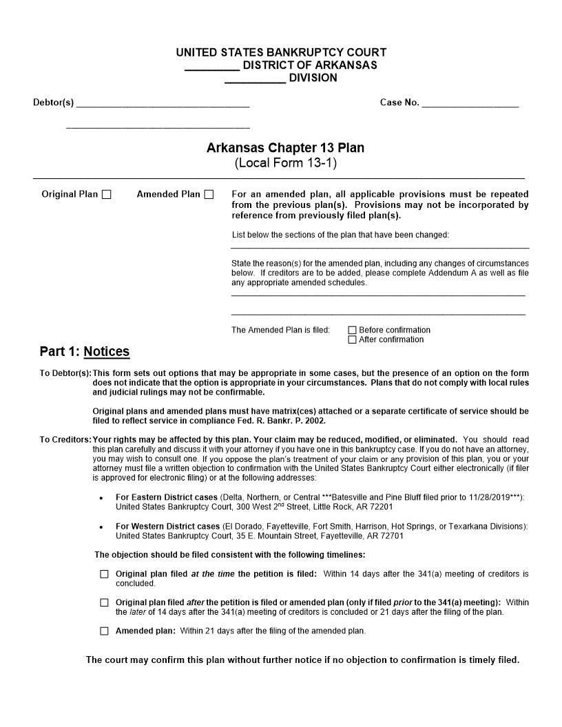 Arkansas Chapter 13 Plan {13-1} | Pdf Fpdf Docx | Arkansas