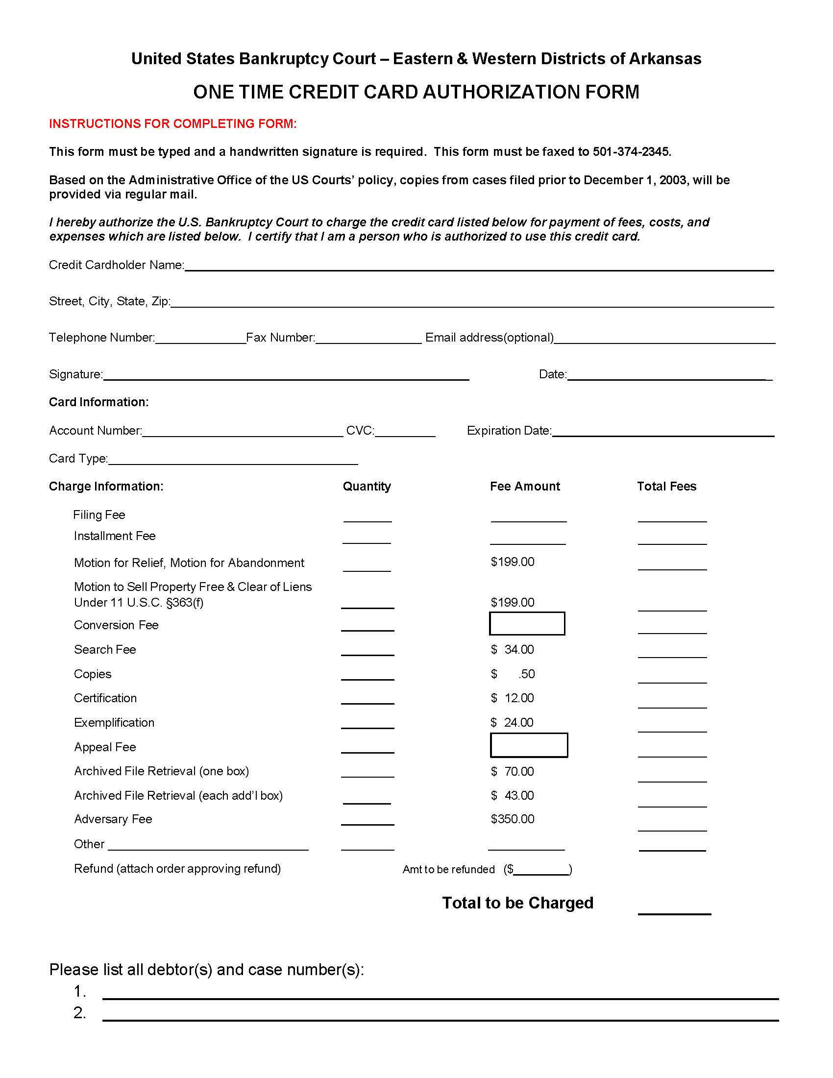 One Time Credit Card Authorization Form | Pdf Fpdf Docx | Arkansas