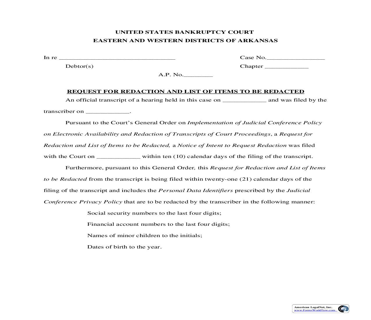 Request For Redaction And List Of Items To Be Redacted | Pdf Fpdf Doc Docx | Arkansas