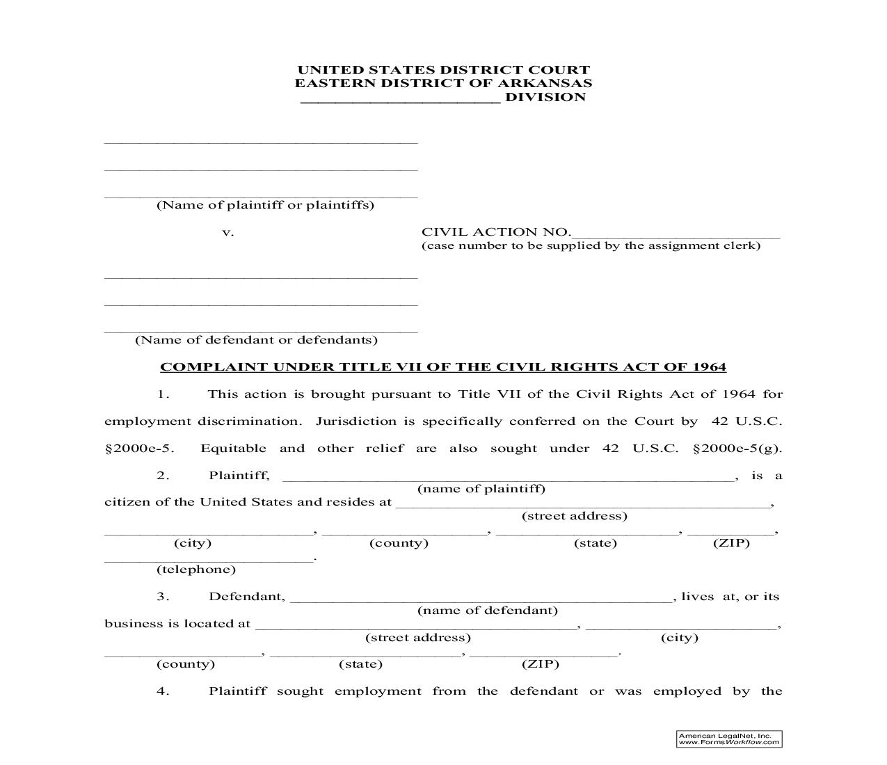 Complaint Under Title VII Of Civil Rights Act Of 1964 | Pdf Fpdf Doc Docx | Arkansas