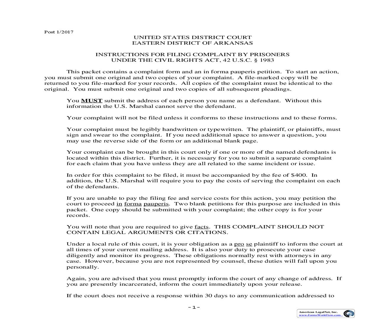 Form To Be Used By Prisoners In Filing A Complaint | Pdf Fpdf Doc Docx | Arkansas