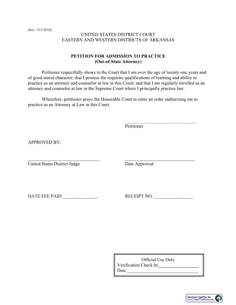 Petition For Admission To Practice (Out Of State Attorney) | Pdf Fpdf Docx | Arkansas