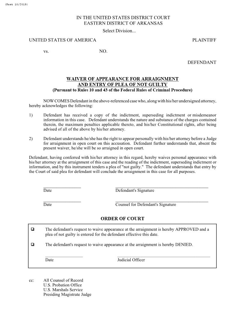 Waiver Of Appearance For Arraignment And Entry Of Plea Of Not Guilty | Pdf Fpdf Doc Docx | Arkansas