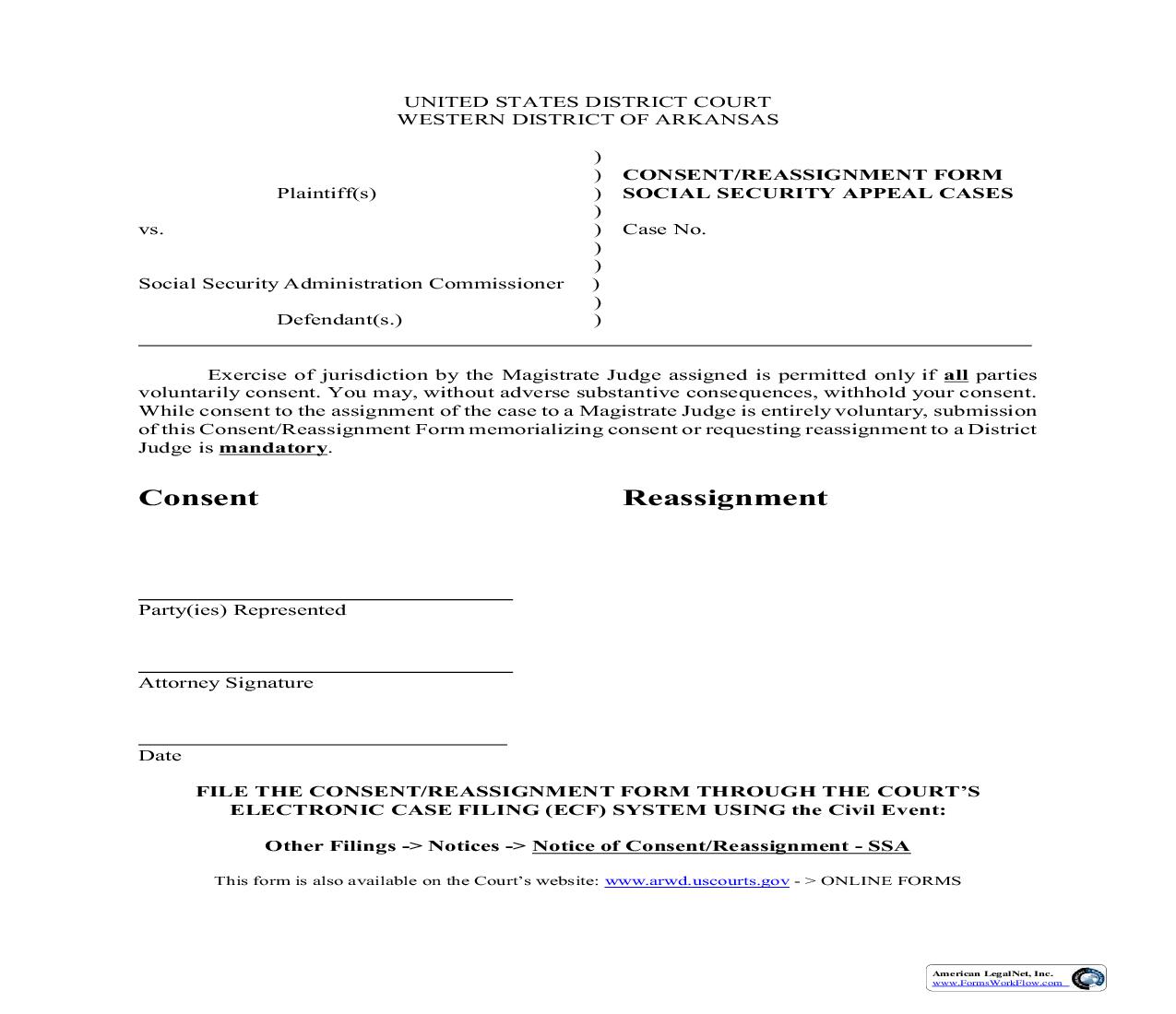 Consent - Reassignment Form (Social Security Appeal Cases) | Pdf Fpdf Doc Docx | Arkansas
