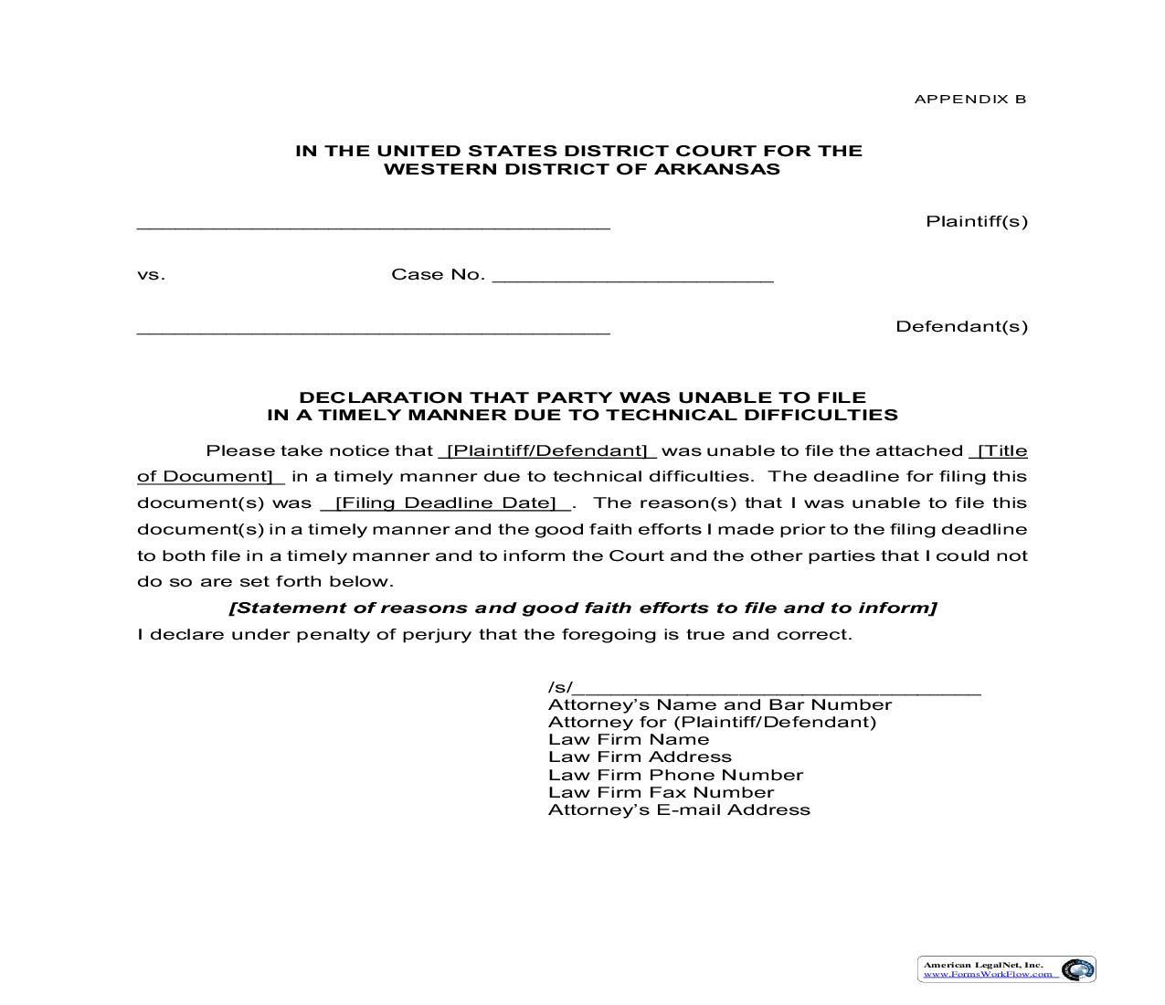 Declaration That Party Was Unable To File In A Timely Manner {Appendix B} | Pdf Fpdf Doc Docx | Arkansas