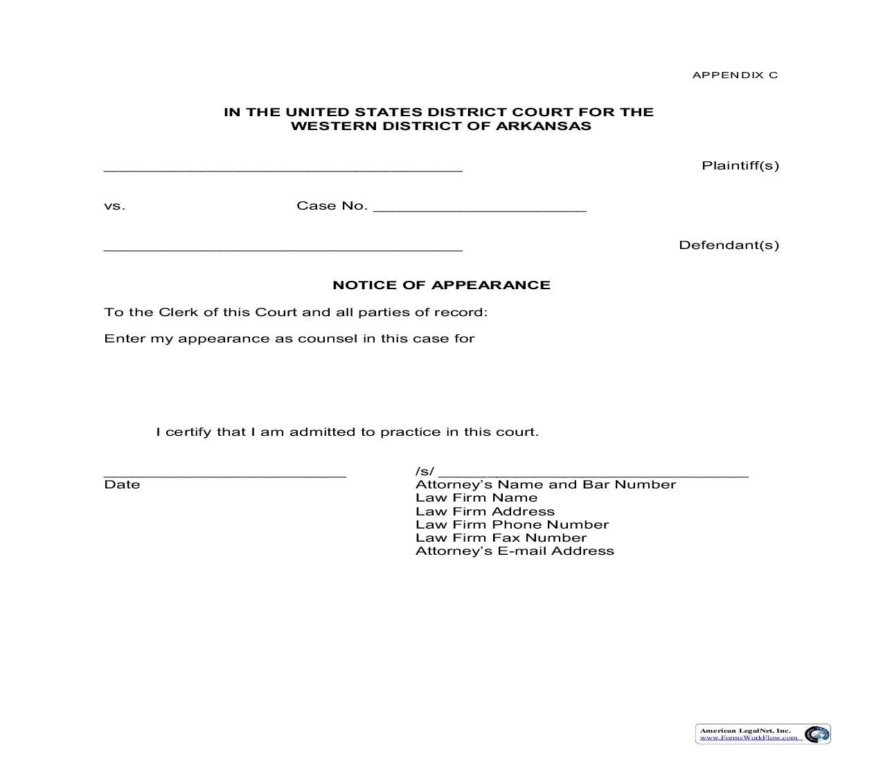 Notice Of Appearance {Appendix C} | Pdf Fpdf Doc Docx | Arkansas