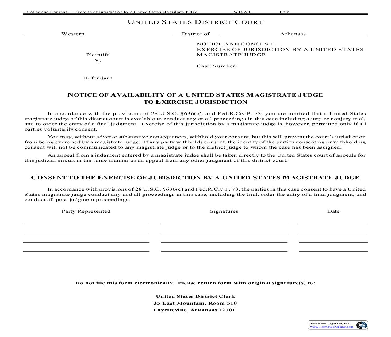 Notice Of Availability Of A United States Magistrate Judge To Exercise (Fayetteville And Harrison) {AO85} | Pdf Fpdf Doc Docx | Arkansas