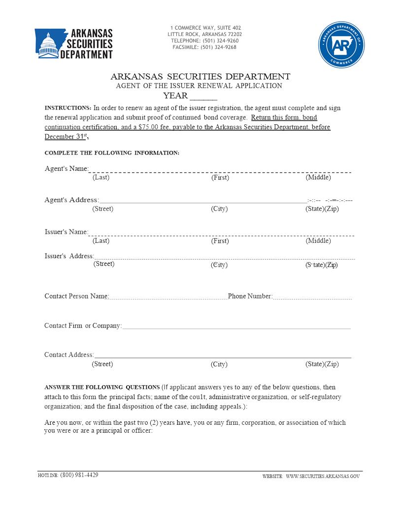 Agent of the Issuer Renewal Application | Pdf Fpdf Docx | Arkansas