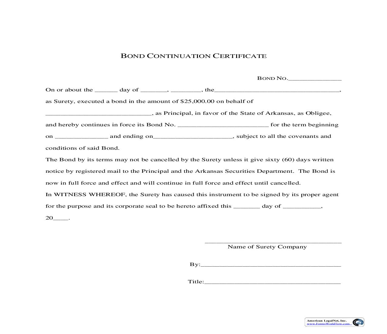 Bond Continuation Certificate | Pdf Fpdf Doc Docx | Arkansas