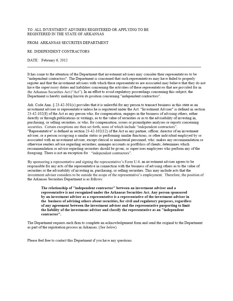 Investment Adviser Independent Contractor Acknowledgement | Pdf Fpdf Doc Docx | Arkansas