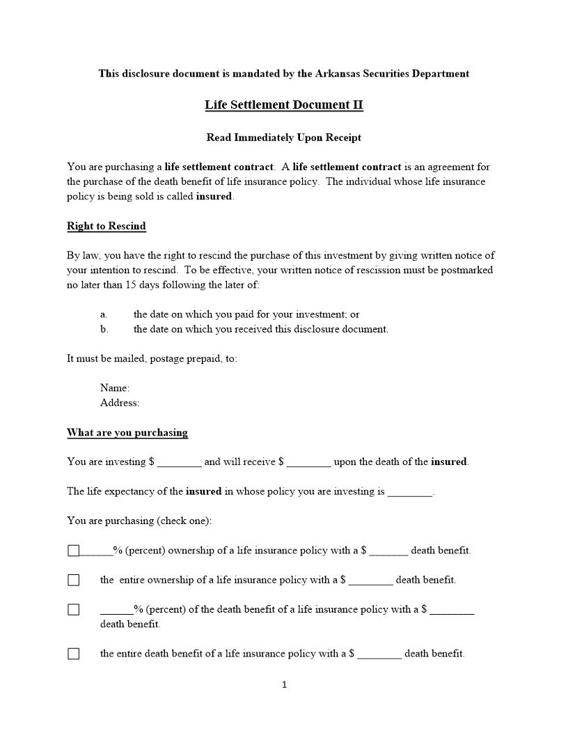 Life Settlement Document II | Pdf Fpdf Doc Docx | Arkansas