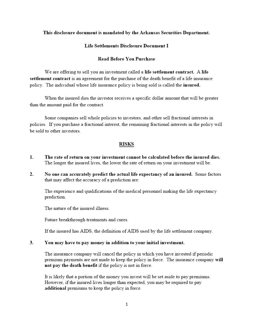 Life Settlements Disclosure Document I | Pdf Fpdf Doc Docx | Arkansas