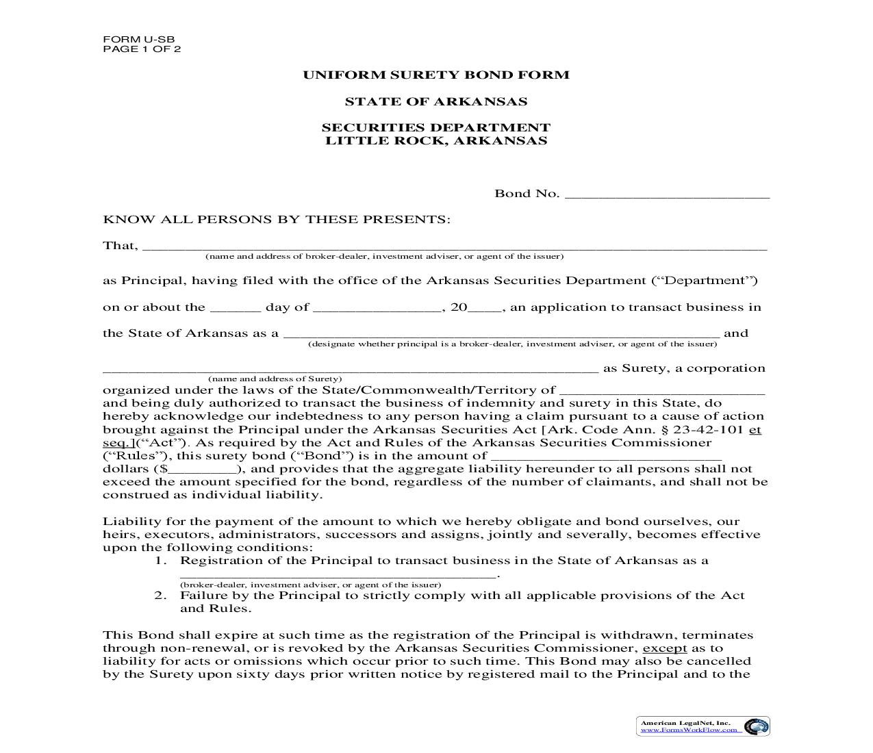 Uniform Surety Bond {U-SB} | Pdf Fpdf Doc Docx | Arkansas